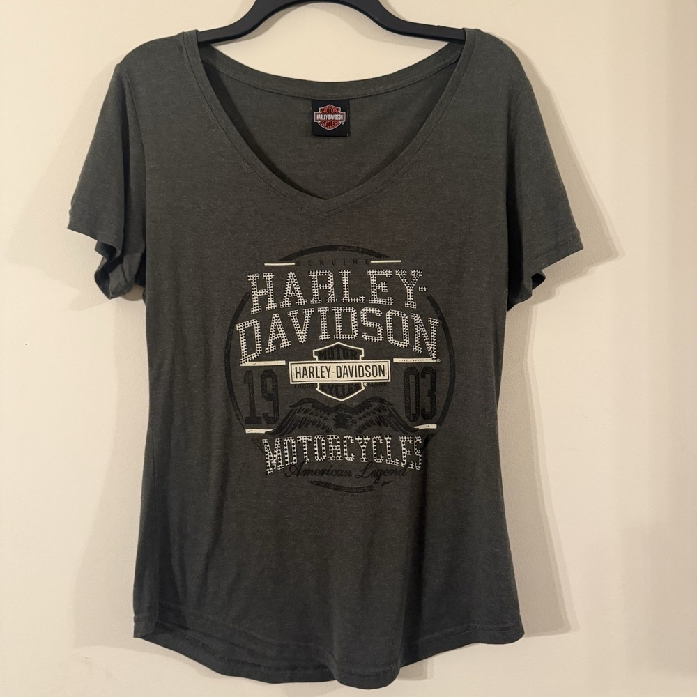 Harley Davidson Shirt Womens XL Gray Short Sleeve‎ V-Neck Olathe, KS Rawhide